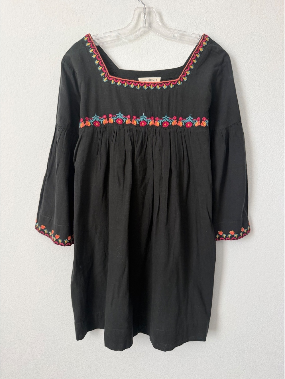Natural Life 3/4 Bell Sleeve Square Neck Embroidered Trim Mini Dress Size S